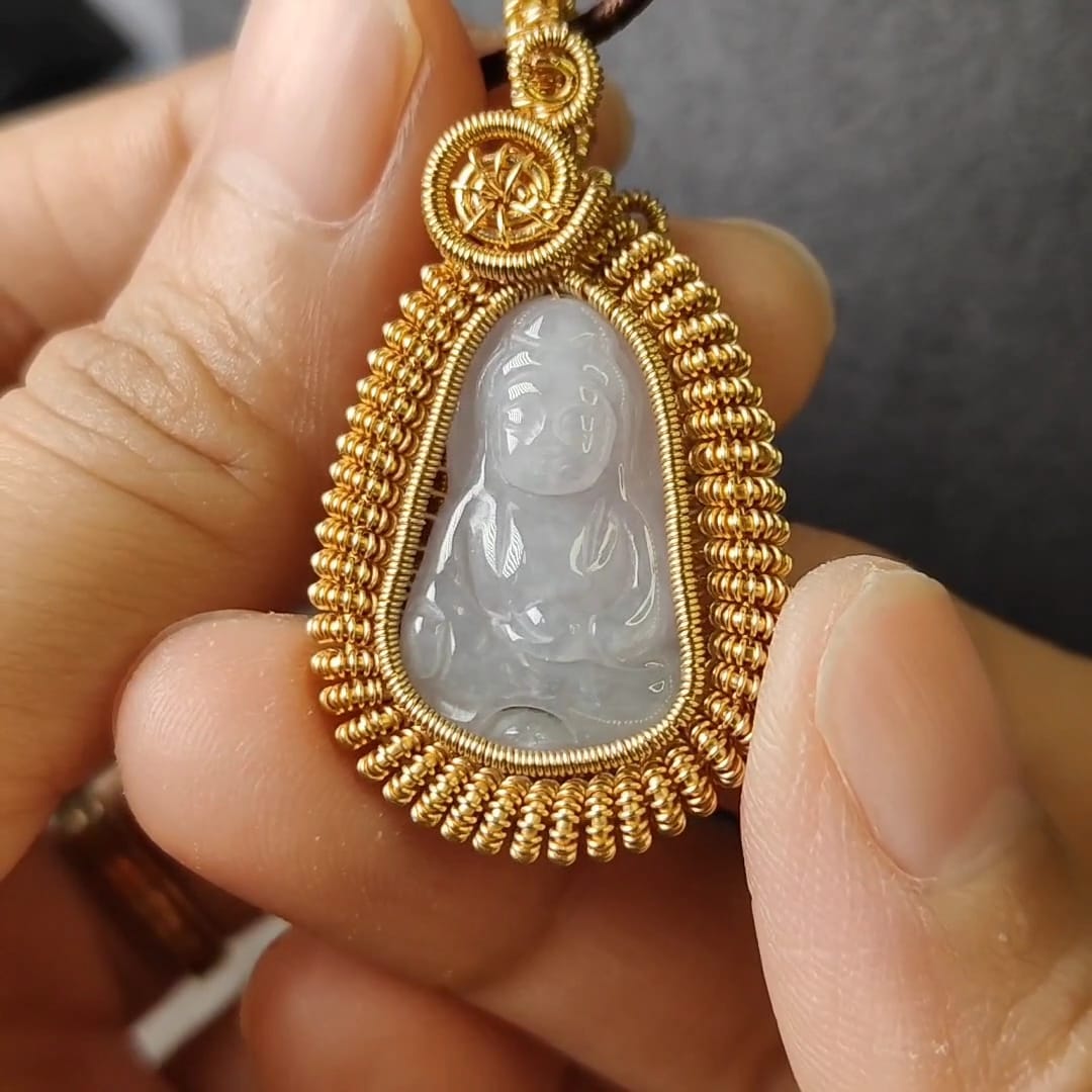 #Sold - Type A Jadeite Guanyin 观音 pendant design by #YPQ 100% hand wrapping with GF14k Pendant