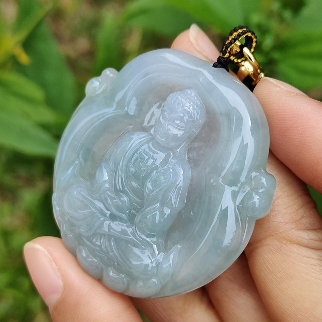 Semi Icy Bluish Green Hue Natural Type A Jadeite Pendant Crafted as Buddha with certificate included weigh 26.65 grams, 48.3 * 48.9 * 7 mm, suitable for daily wear Yi Pin Qian