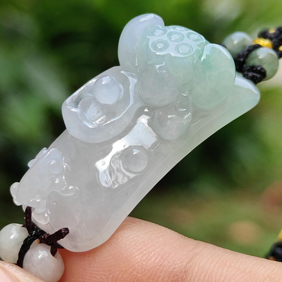 Light Green Natural Type A Jadeite Jade crafted with frog and Lotus as bracelet, certificate weigh 9.98 grams, measurement 33.9 * 14.1 * 12.3, (bracelet23) Yi Pin Qian