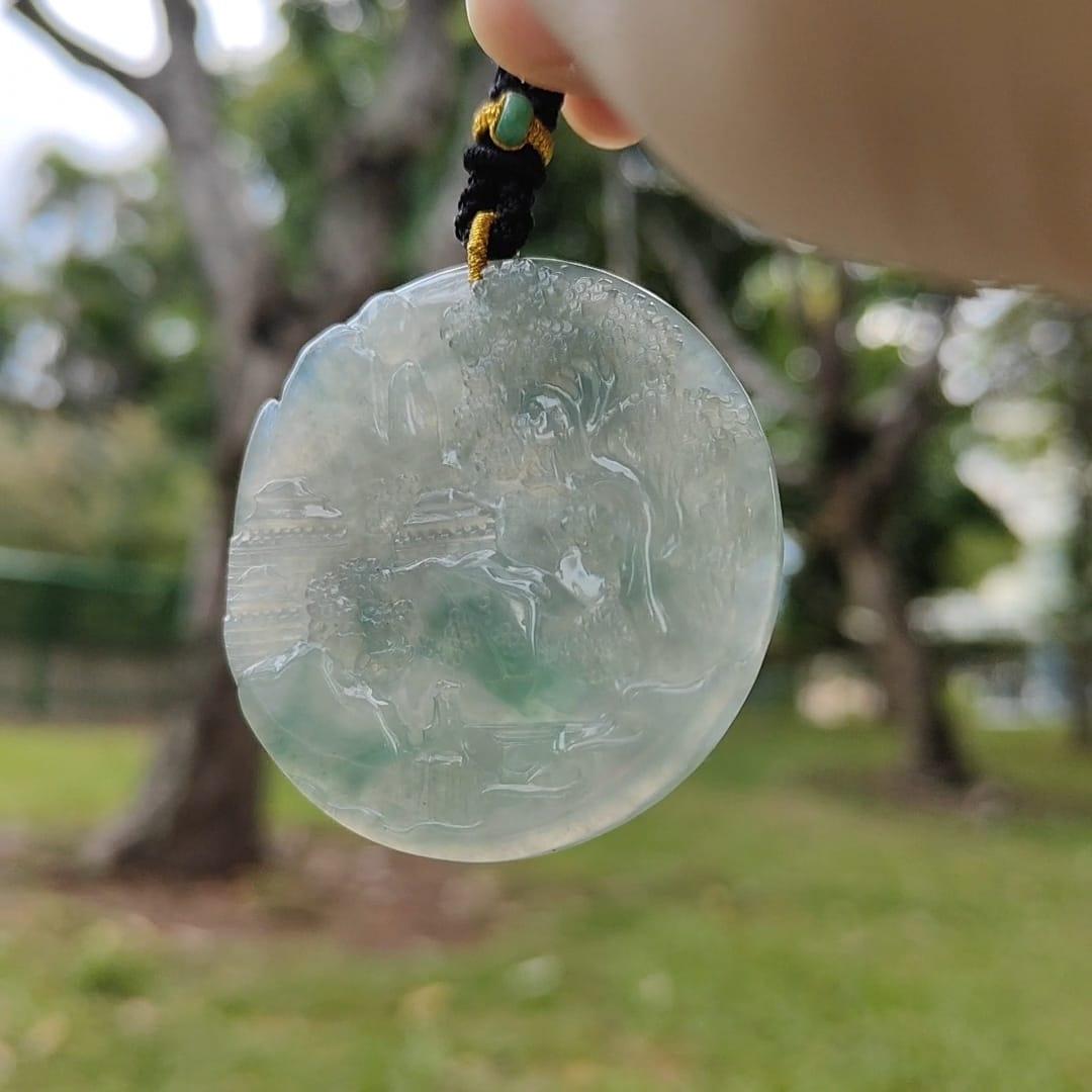 Natural Type A Jadeite carved with beautiful scenery - [51.08 * 51.11 * 6.31 mm] - Weight = 173.9 grams , premium pendant - Highly Translucent , faint greenish blue and green , NGI Certification (pendant155) Yi Pin Qian