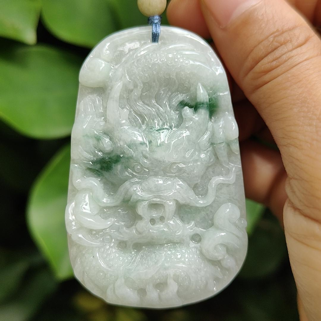 Green Floating Patches rare old-school Natural Type-A Jadeite-Jade crafted with traditional Dragon as Pendant, certificate weighs 34.91 grams, measurement 60.6 * 38.8 * 8.2 mm (pendant302) Yi Pin Qian Jadeites Jade Jewelry ~Your Precious Quintessential ~ Singapore