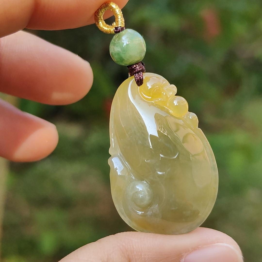 Rare Yellow Natural Type A Jadeite Jade crafted with Dragon Playing with Pearls as Pendant, certificate weigh 6.33 grams, measurement 32 * 21 * 6.5 mm (pendant217) Yi Pin Qian