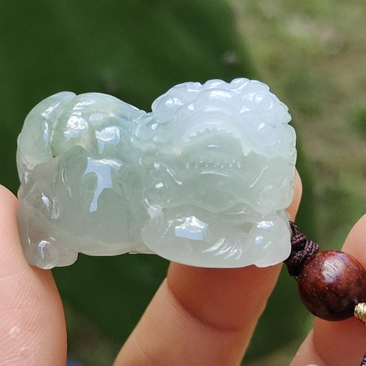 Light Green Semi Icy Lion Pendant Necklace Natural Type A Jadeite with certificate included weigh 25.70 grams, 32 * 17.2 * 21 mm, symbols of Strength, courage and good luck, suitable for daily wear Yi Pin Qian