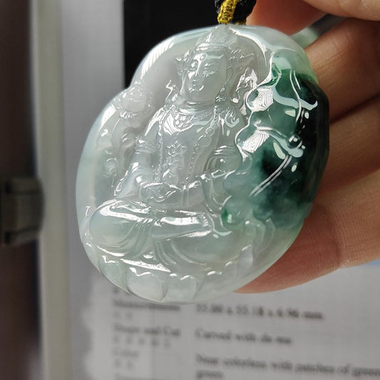 Very Rare Old Mine Myanmar Natural Type A Jadeite Pendant carved as Du Mu with a weigh at 181.11 grams , measurements at 55 * 55.158 * 6.96 mm - Translucent near colorless with patches of green and deep green with good translucency (pendant153) Yi Pin Qian