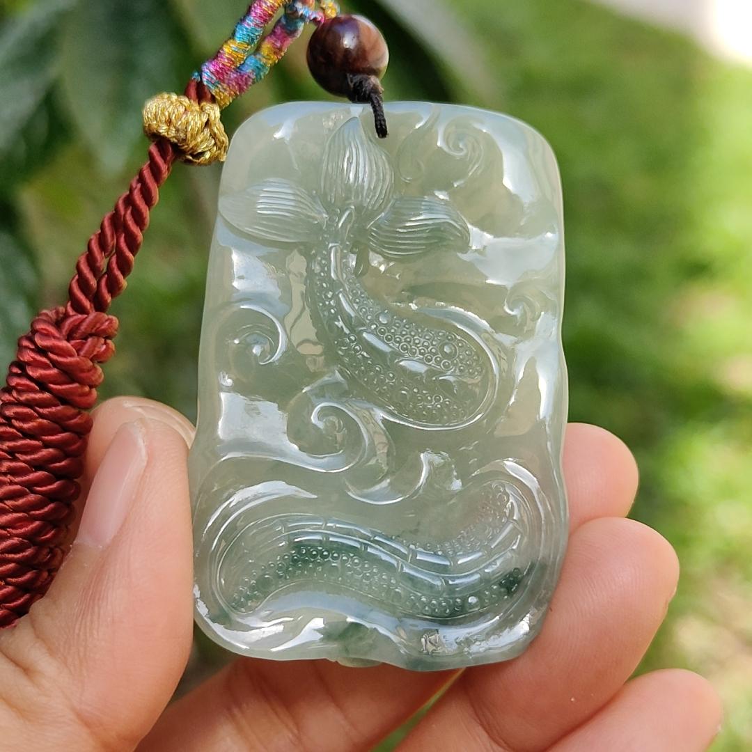 Premium Full Green with Green patches Rare Natural Type A Jadeite Jade Pendant Necklace Crafted as Dragon with certificate weigh 40.07 grams, 53.6 * 36 * 12.3 mm (pendant168) Yi Pin Qian