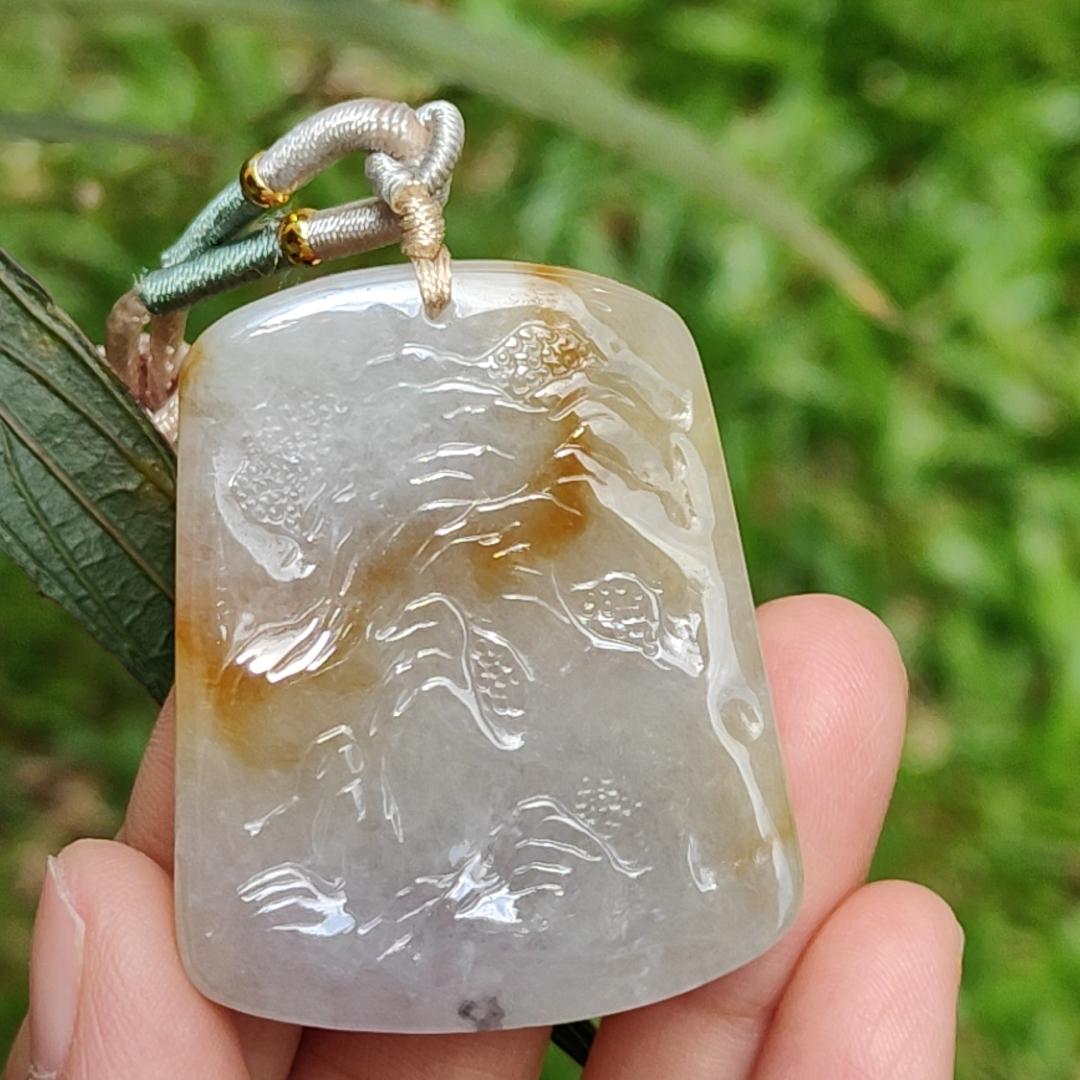 Yellow and White Semi Icy Natural Type A Jadeite Pendant Necklace crafted with nine tail fox symbols of Love, Charisma, and Good Luck, QIC Labs approved certificate included weigh 32.9 grams, 44 * 36 * 9 mm, suitable for daily wear Yi Pin Qian