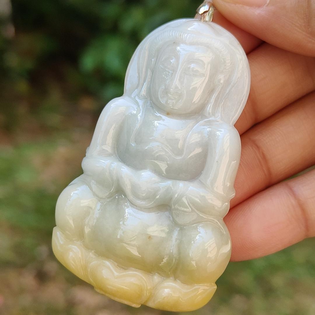 Yellow and White Guanyin Pendant Necklace Natural Type A Jadeite with certificate included weigh 25.08 grams, 59.1 * 38.6 * 7 mm, suitable for your daily wear (pendant6) Yi Pin Qian