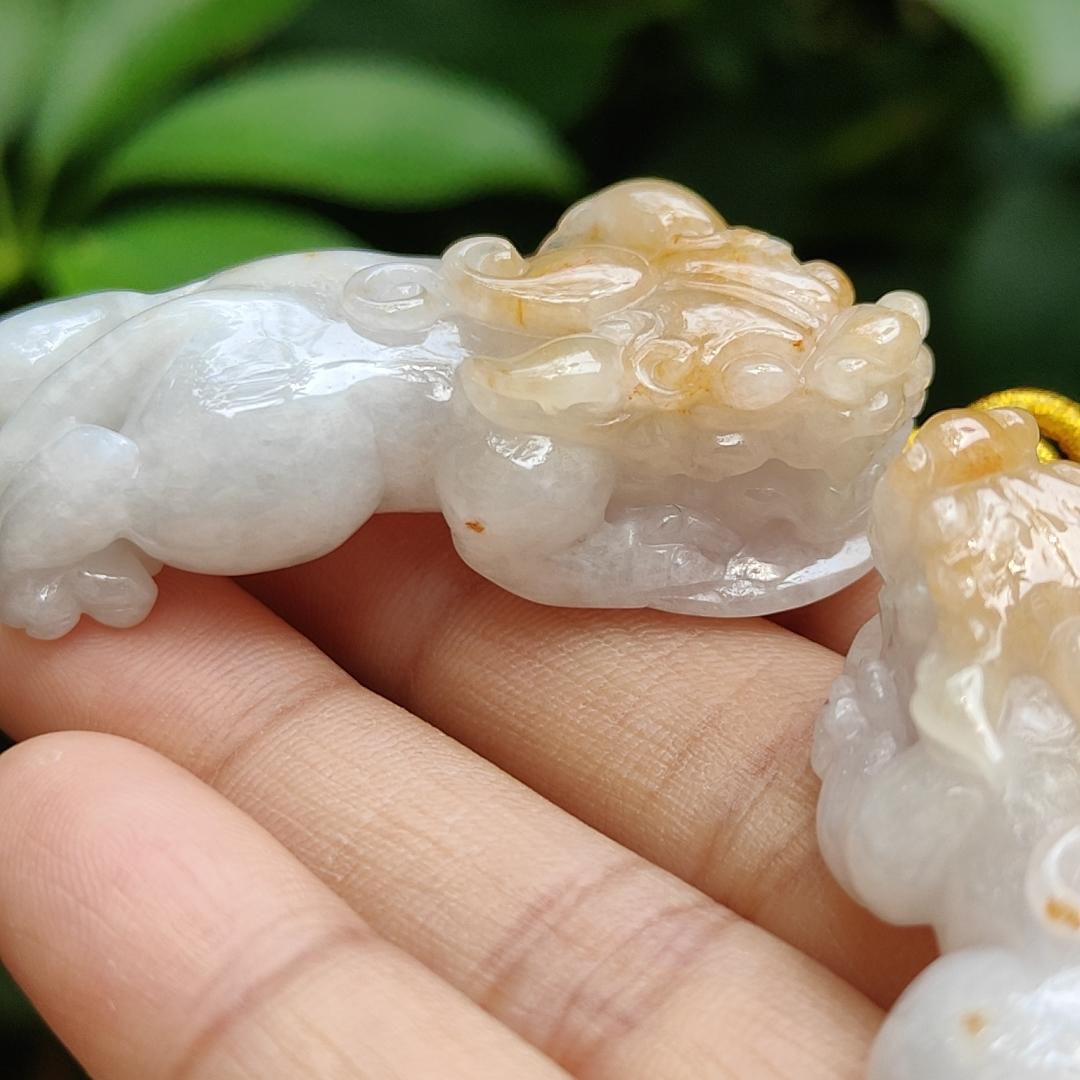 Sales - High Quality Pair of White, Yellow Natural Type A Jadeite Jade crafted as Pixiu for Pendant, certificate weighs 24.25 / 19.87 grams, measurements 50 * 21.3 * 14.1 / 47 * 20.6 * 13.6 mm (pendant292) Yi Pin Qian