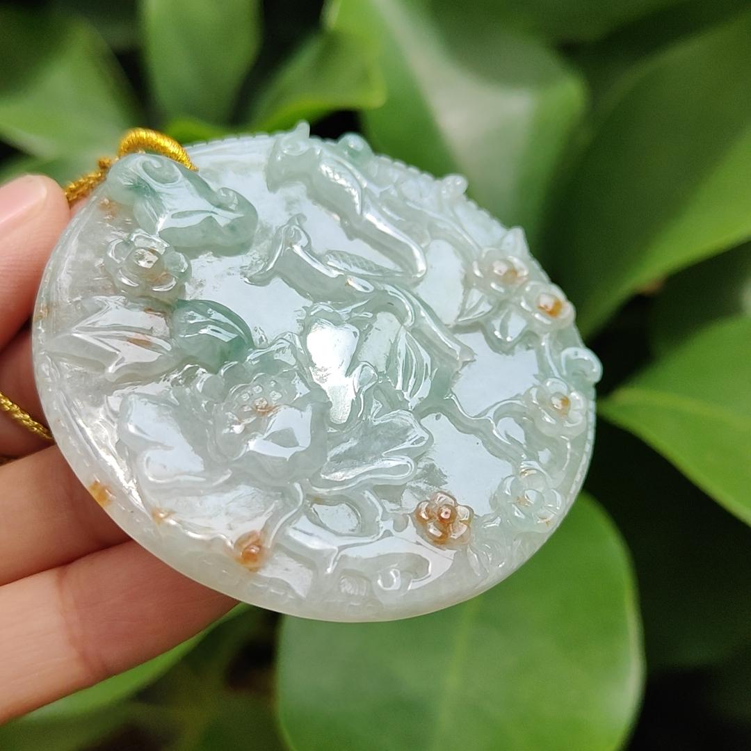 Crafted with Flowers and Birds on Light Green Hue with Green and Golden Yellow Patches Natural Type A Jadeite Jade as Pendant, certificate weighs 39.24 grams, measurement 56.3 * 56.3 * 7.2 mm (pendant307) Yi Pin Qian Jadeites Jade Jewelry ~Your Precious Quintessential ~ Singapore