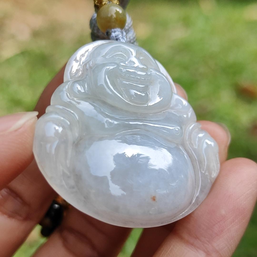 Quality Semi Translucent Natural Type A Jadeite Jade crafted as Milo Buddha as Pendant, certificate weighs 12.57 grams, measurement 37.5 * 38.9 * 6.3 mm (pendant275) Yi Pin Qian