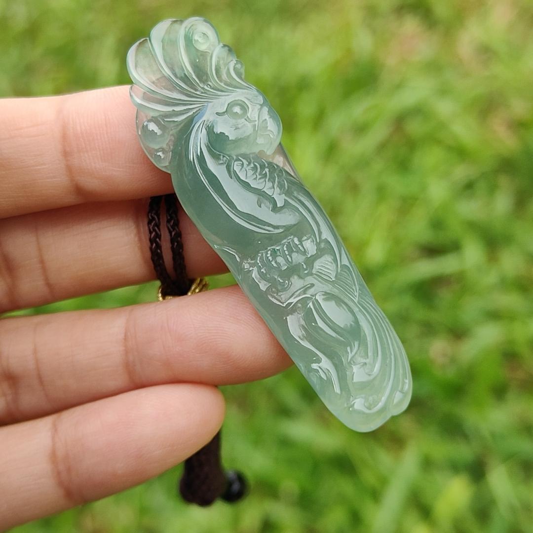 Semi Icy Good Translucency Green Natural Type A Jadeite Pendant Necklace crafted as the parrot, symbols of Wise and brave, heroic and mighty, with certificate weigh 10.82 grams, 57.8 * 16.3 * 7.1 mm (pendant24) Yi Pin Qian