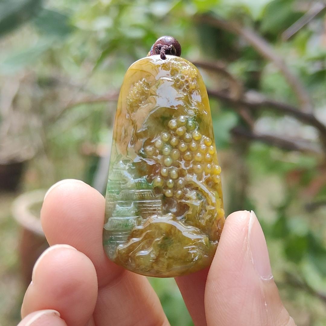 Rare quality Yellow with reddish brown and green Natural Type A Jadeite Jade crafted with sceneries as pendant, certificate weigh 11.38 grams, measurement 45.6 * 24.3 * 5.2 mm (pendant216) Yi Pin Qian