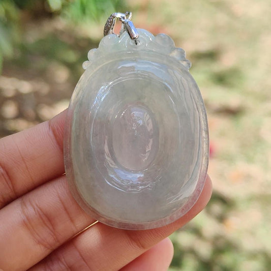 Good Quality Light Green Hue Icy Natural Type A Jadeite Jade crafted with Fobe as pendant, meaning Good luck, happiness, wealth and honor, certificate weigh 19.03 grams, measurement 50.2 * 36.3 * 6.2 mm (pendant234) Yi Pin Qian
