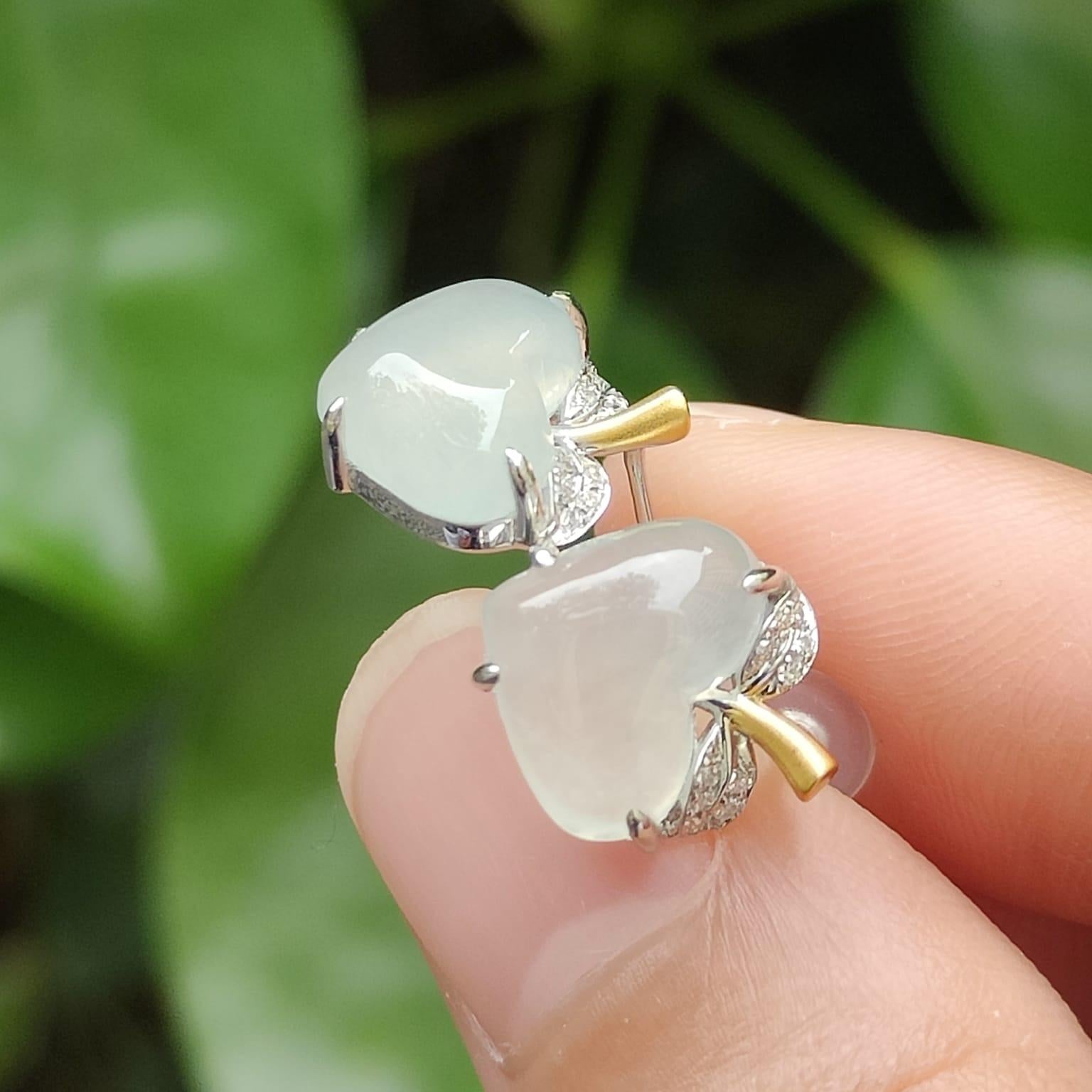 Heart Shape Icy Translucent Natural Type A Jadeite Jade Cabochons design as Apple shape with 18k stud earrings, certificate weighs 2.65 grams (18k06) Yi Pin Qian Jadeites Jade Jewelry ~Your Precious Quintessential ~ Singapore