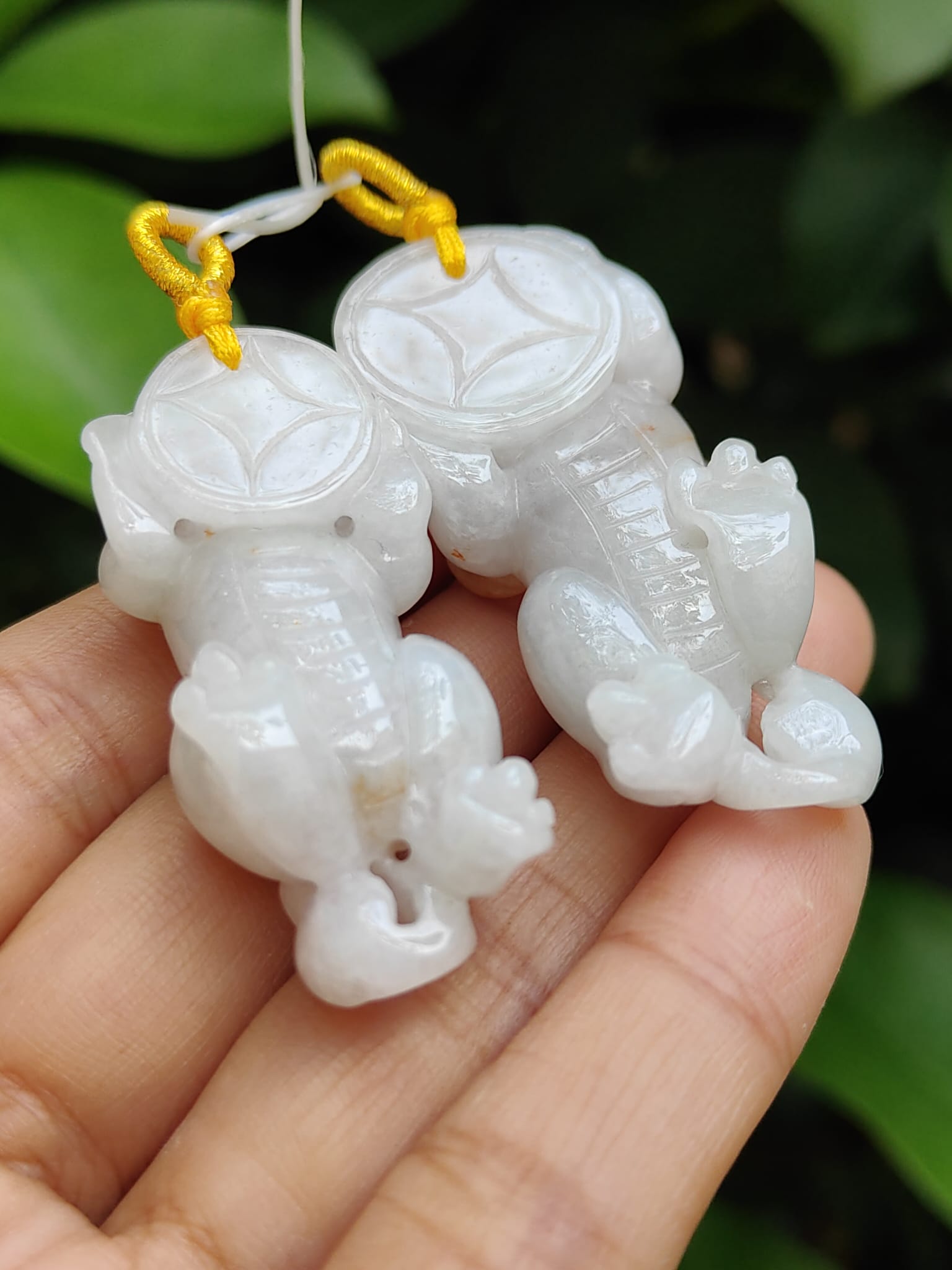 Sales - High Quality Pair of White, Yellow Natural Type A Jadeite Jade crafted as Pixiu for Pendant, certificate weighs 24.25 / 19.87 grams, measurements 50 * 21.3 * 14.1 / 47 * 20.6 * 13.6 mm (pendant292) Yi Pin Qian