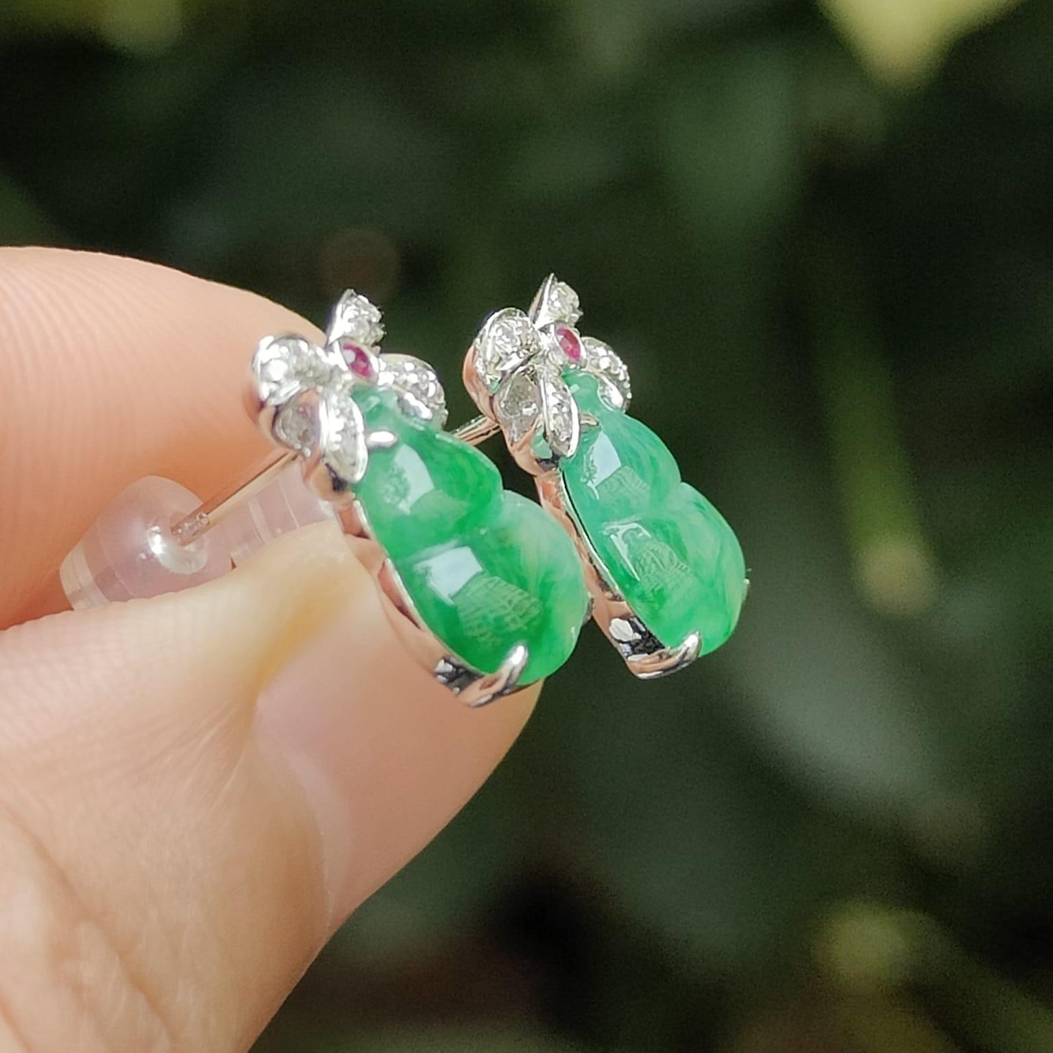 High Quality Light Green with Green Patches crafted as one pair of Gourd on Natural Type A Jadeite Jade as Stud Earrings Certificate weighs 2.38 grams (18k01) Yi Pin Qian Jadeites Jade Jewelry ~Your Precious Quintessential ~ Singapore