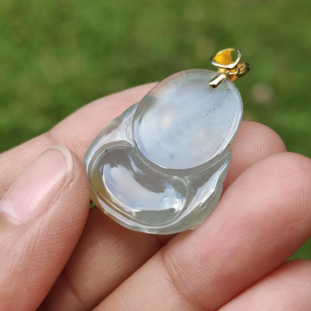 Rare Old Pit Icy Translucent with Yellow and Light Green Hue Collectible Natural Type A Jadeite Jade crafted as Milo Buddha added with 18k Gold Clasp as Pendant, certificate weighs 6.09 grams, measurement 26.8 * 23.2 * 6 mm (18kp63) Yi Pin Qian Jadeites Jade Jewelry ~Your Precious Quintessential ~ Singapore