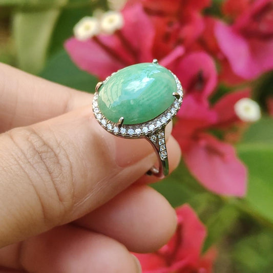 Apple Green Cabochon Natural Type A Jadeite Ring with QIC approved labs certificate included weigh 3.61 grams, 13.6 * 10.3 * 4.6 mm, size is adjustable set with S925 Silver, suitable for all occasions (s925ring2) Yi Pin Qian