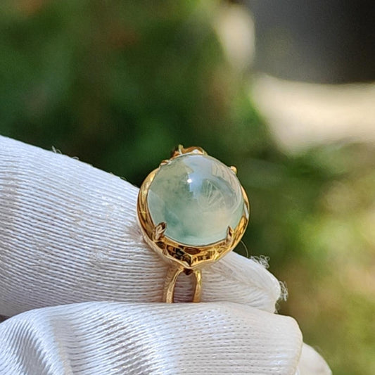 Icy Floating Green Patches Cabochon Natural Type A Jadeite Jade set on 18k gold as a ring with certificate weigh 2.06 grams, measurement 8.9 * 8.8 * 4.2 mm, finger size 16.8 mm (18kring19) Yi Pin Qian