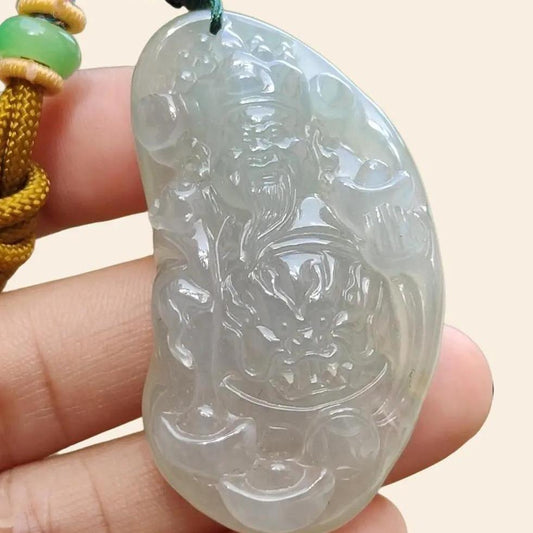 High Quality Icy Translucent Natural Type A Jadeite Jade crafted with God of Fortune as Pendant, certificate weighs 24.19 grams, measurement 48.8 * 27.3 * 10 mm (pendant274) Yi Pin Qian