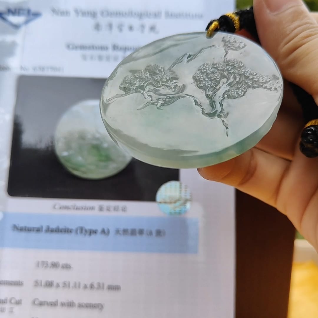 Natural Type A Jadeite carved with beautiful scenery - [51.08 * 51.11 * 6.31 mm] - Weight = 173.9 grams , premium pendant - Highly Translucent , faint greenish blue and green , NGI Certification (pendant155) Yi Pin Qian