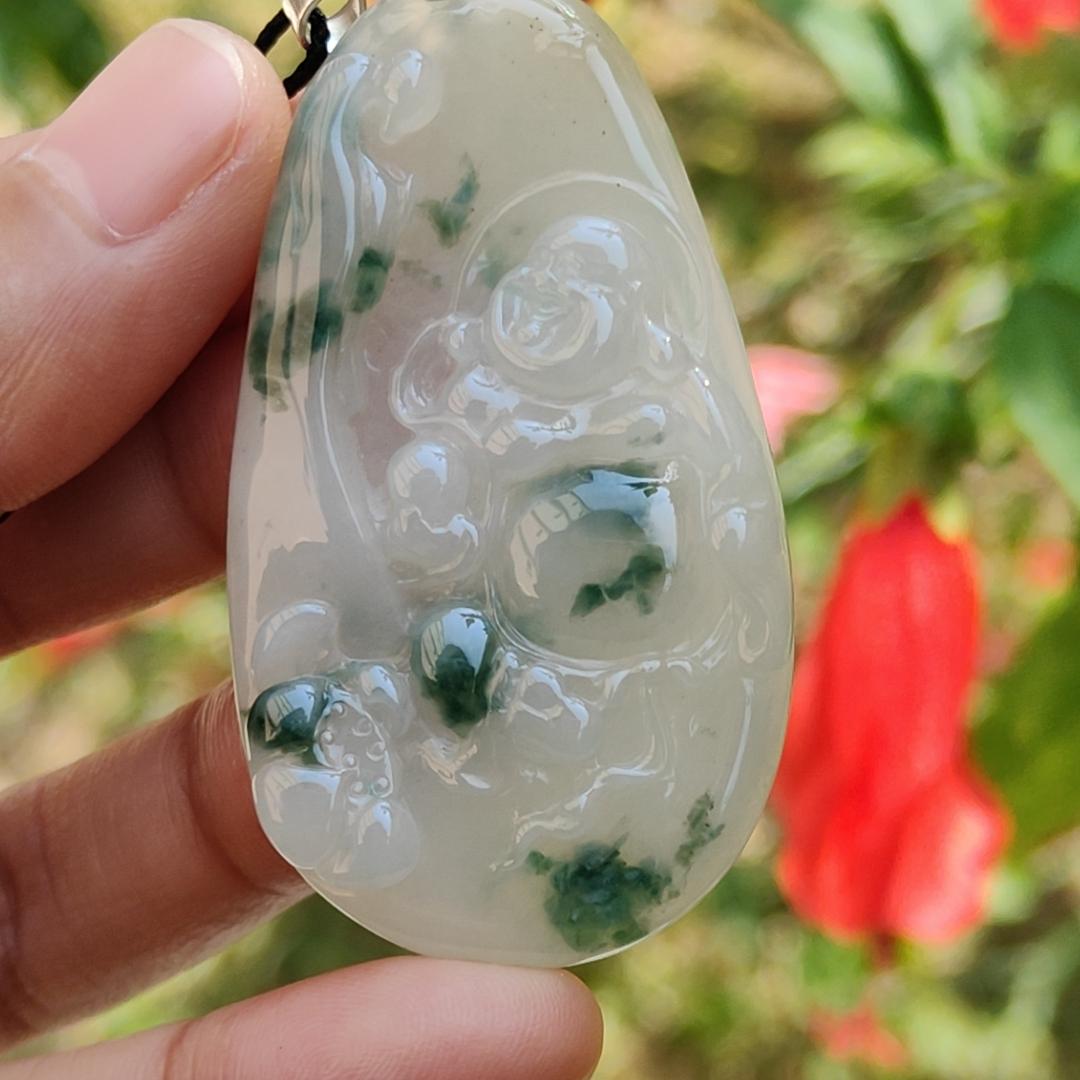 Special Sales - Rare Green Patches White with Yellow Hue Natural Type A Jadeite Jade crafter with Milo Buddha as Pendant, certificate weigh 17.2 grams, measurement 54.2 * 30.5 * 5.9 mm (pendant214) Yi Pin Qian