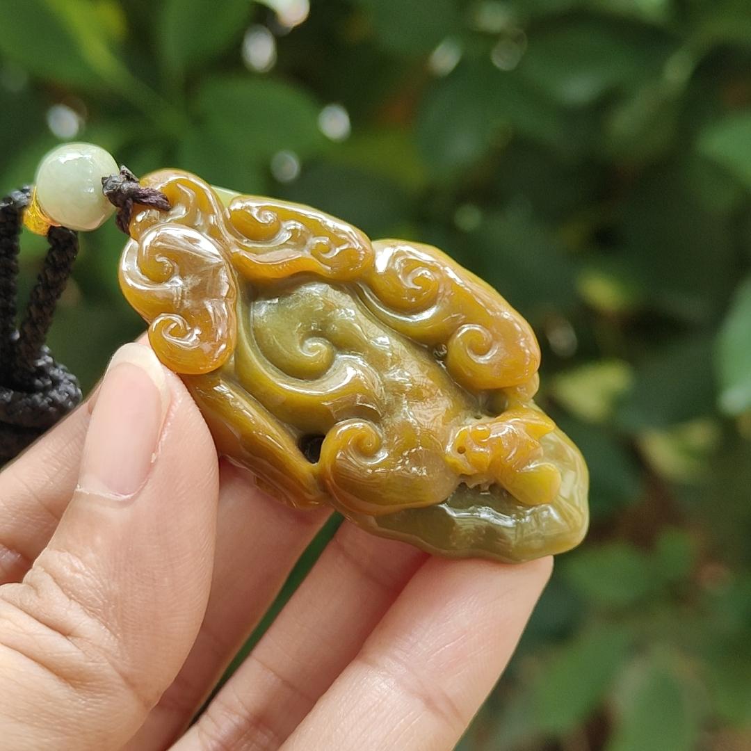 Latest Arrival in SG - Lots of Ruyi Crafted on Light Green Hue with Brown Natural Type A Jadeite Jade as Pendant, certificate weighs 35.21 grams, measurement 54.6 * 31.3 * 14.8 mm (pendant321) Yi Pin Qian Jadeites Jade Jewelry ~Your Precious Quintessential ~ Singapore