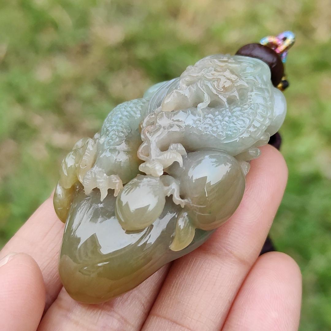 Reddish, Yellow and Green Natural Type A Jadeite Jade Pendant Necklace Crafted with Dragon and Ruyi with certificate weigh 40.57 grams, measurement 53.6 * 34.8 * 15 mm, symbols of Good luck, happiness and health (pendant189) Yi Pin Qian