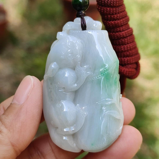 Green with yellow patches Natural Type A Jadeite Jade crafted as Bamboo with Pixiu as Pendant, certificate weigh 35.85 grams, measurement 52.3 * 31 * 12.2 mm (pendant223) Yi Pin Qian