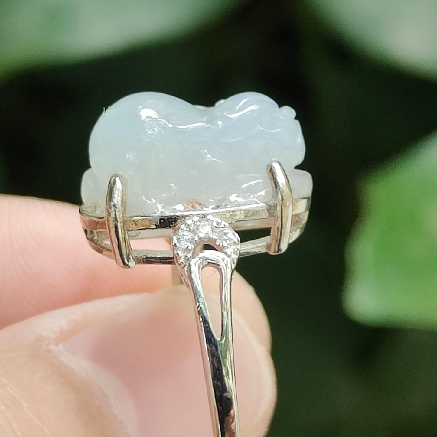 Earth-Meets-Sky Pixiu - Natural Jadeite & S925 Silver Adjustable Ring (Sku: S925ring31) Yi Pin Qian Jadeites Jade Jewelry ~Your Precious Quintessential ~ Singapore