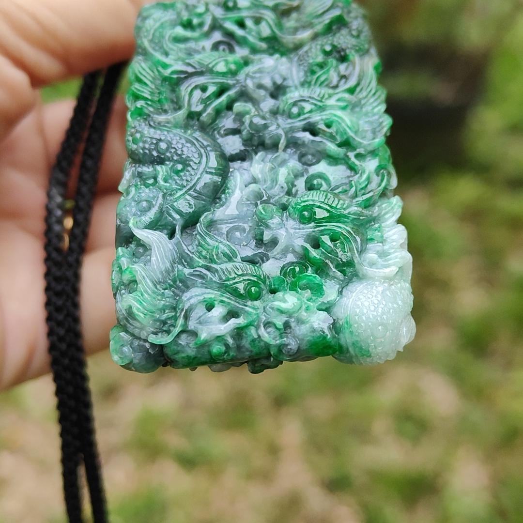 Lots of Green with Wuji carved as nine dragons Natural Type A Jadeite pendant with certificate weight 45.16 grams, 60.30 * 35.30 * 9.90 mm suitable for daily wear (pendant120) Yi Pin Qian