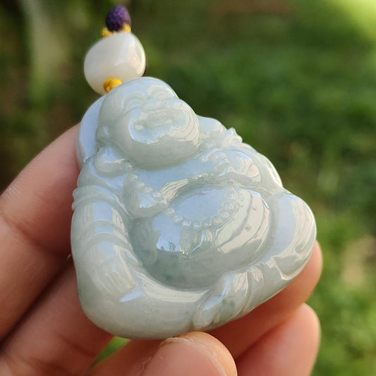 Light Green with green patches Natural Type A Jadeite Jade Pendant Necklace crafted as Laughing Buddha with certificate weigh 36.66 grams, 40.3 * 37.5 * 15 mm (pendant165) Yi Pin Qian