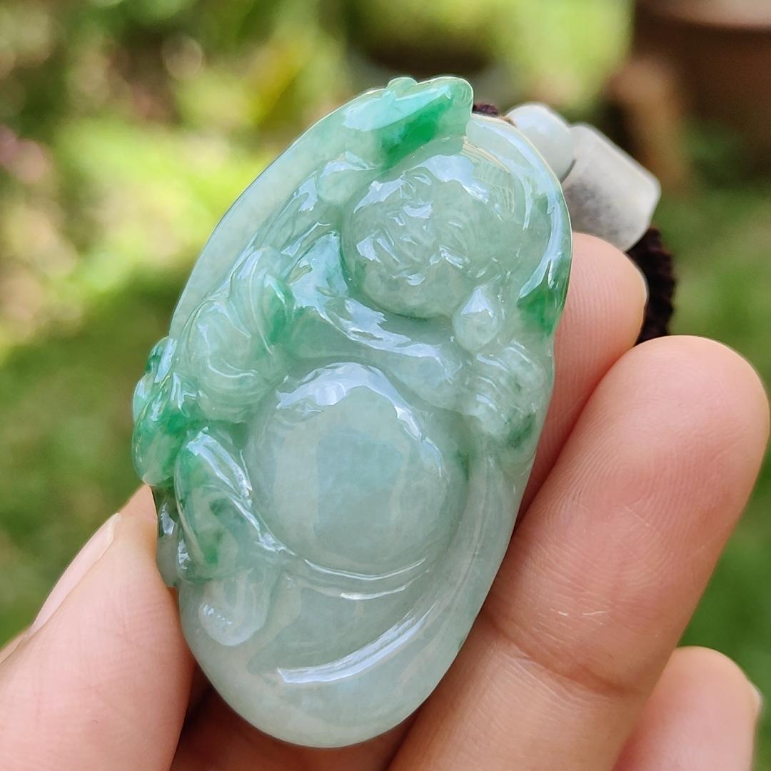 Rare High Quality Light Green and Green Natural Type A Jadeite Jade crafted with Milo Buddha as Pendant, certificate weighs 28.04 grams, measurement 46.3 * 30.3 * 13.9 mm (pendant285) Yi Pin Qian