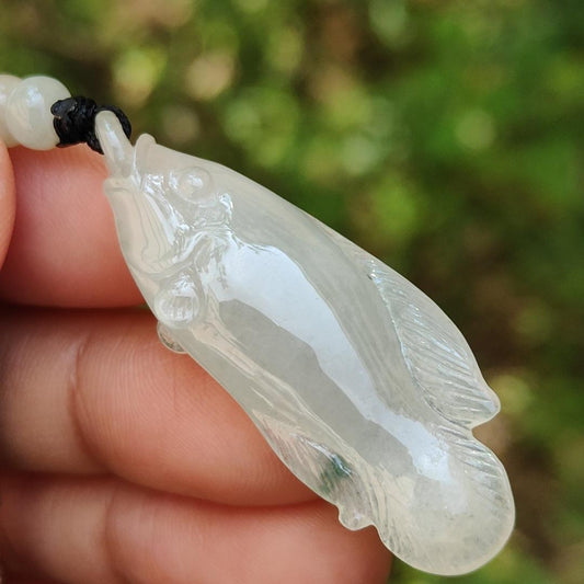 Icy with green patches Natural Type A Jadeite Pendant Necklace crafted with Fish biting Chinese coin, QIC approved labs certificate included weigh 8.7 grams, 43.1 * 15 * 8.1 mm (pendant136) Yi Pin Qian