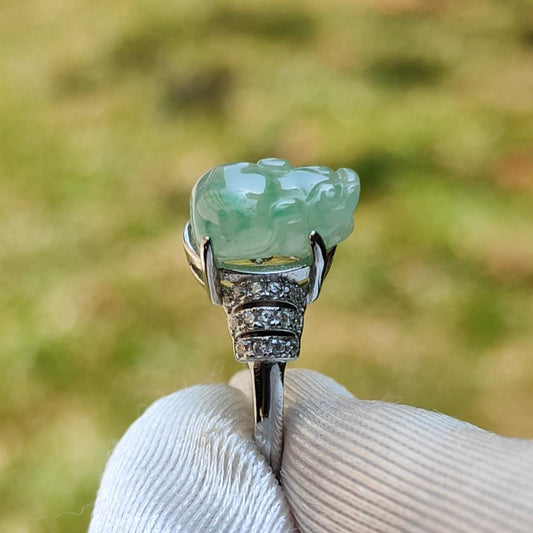 Icy Light Green with green patches Natural Type A Jadeite Jade crafted as Pixiu set on S925 adjustable as Ring with certificate weigh 2.68 grams, measurement 10.5 * 7.7 * 4.6 mm (s925ring7) Yi Pin Qian