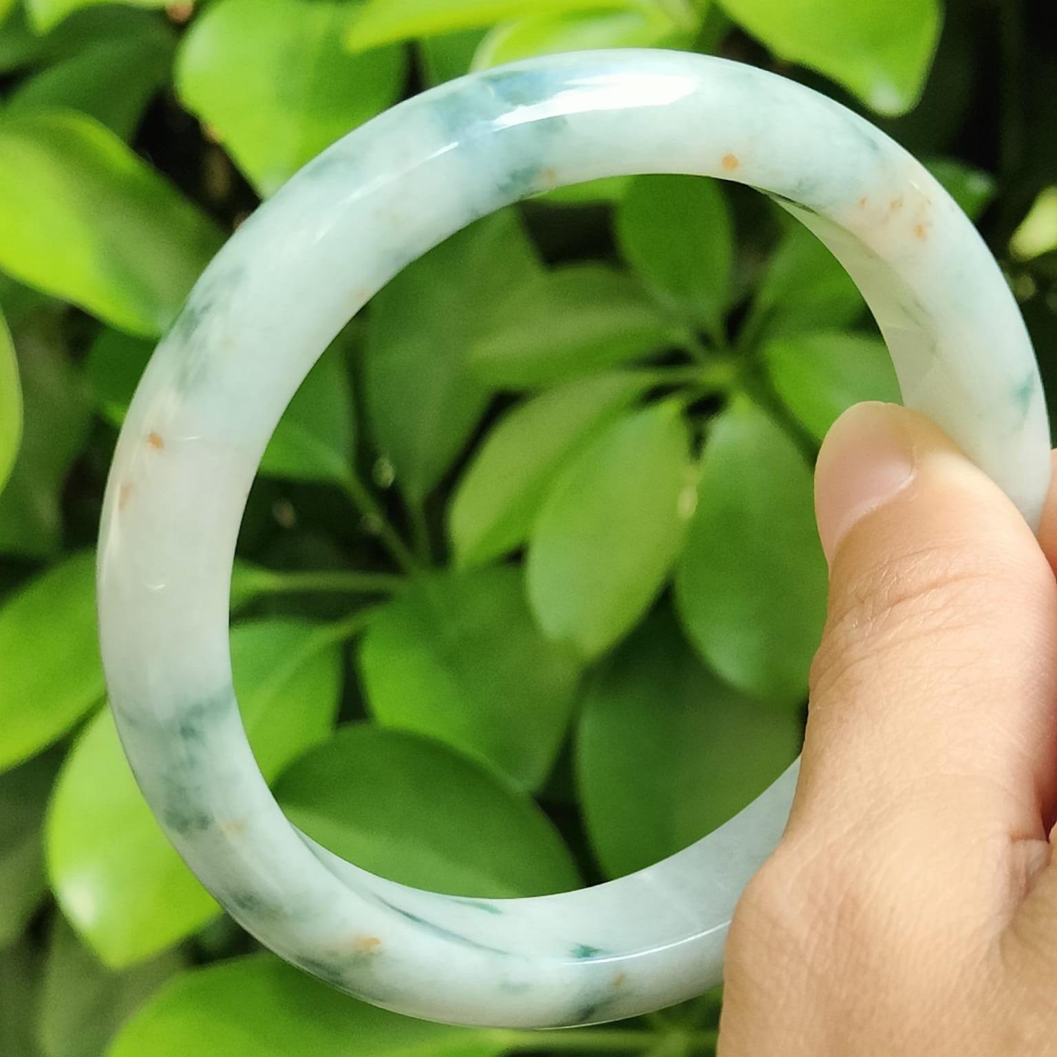 60.8 mm Light Green with Green Patches and Golden Yellow Patches Peace Bangle Natural Type A Jadeite Jade, certificate weighs 63.55 Width 13.5 Thickness 8mm (bangle29) Yi Pin Qian Jadeites Jade Jewelry ~Your Precious Quintessential ~ Singapore