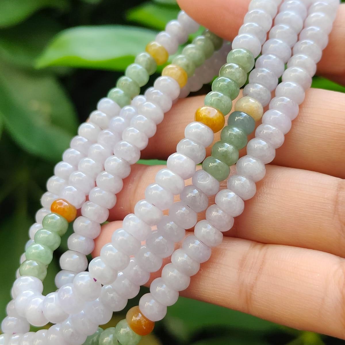 Crafted as 179 * 5.8 mm beads on Light Lavender, Yellow, Green and White Natural Type A Jadeite Jade as bracelet, certificate weighs 42.43 grams (bracelet31) Yi Pin Qian Jadeites Jade Jewelry ~Your Precious Quintessential ~ Singapore