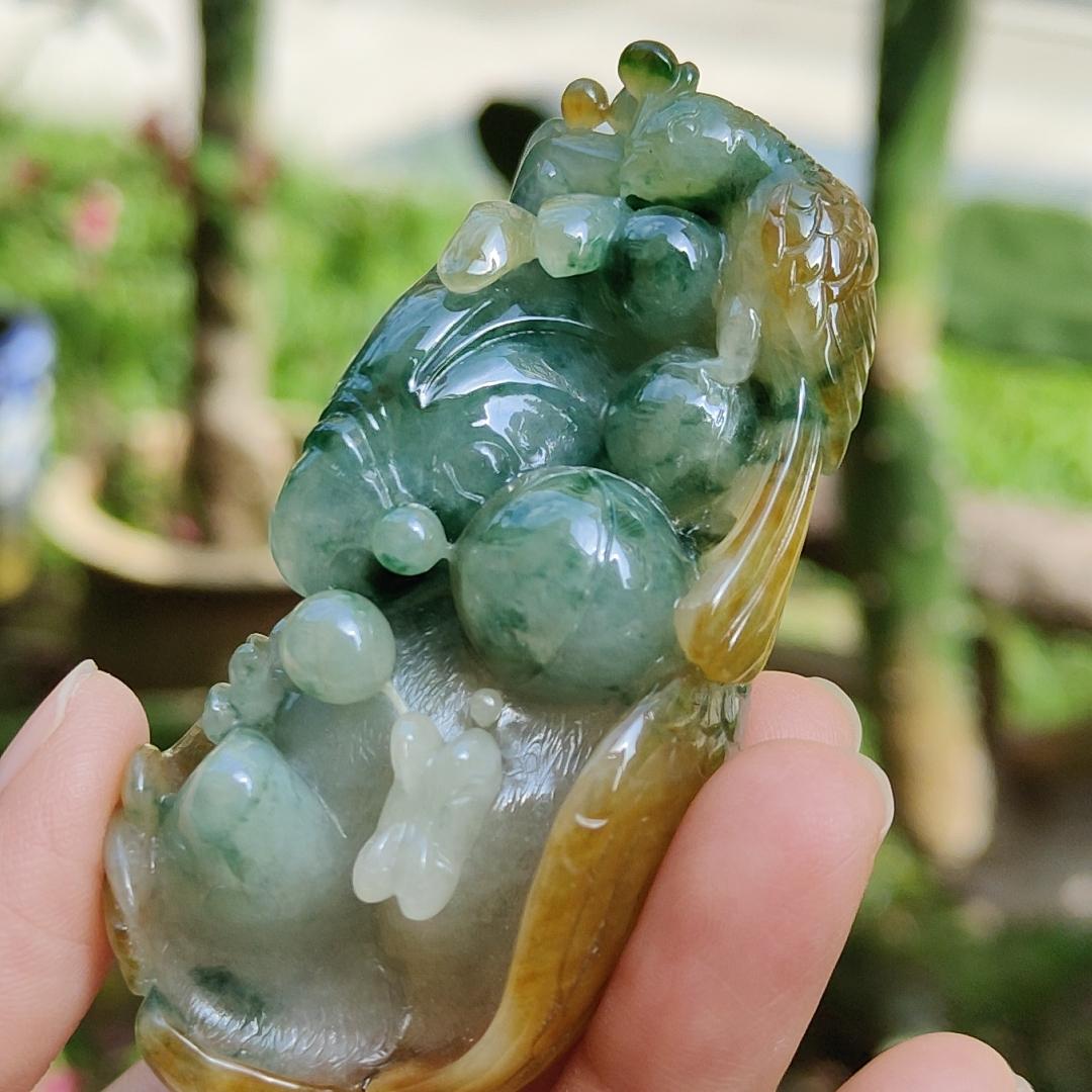 Super Rare Multi Tones Collectible Natural Type A Jadeite Jade crafted with Parrot for Handheld, certificate weighs 121.86 grams, measurement 76 * 42.5 * 34.3 mm (hand7) Yi Pin Qian