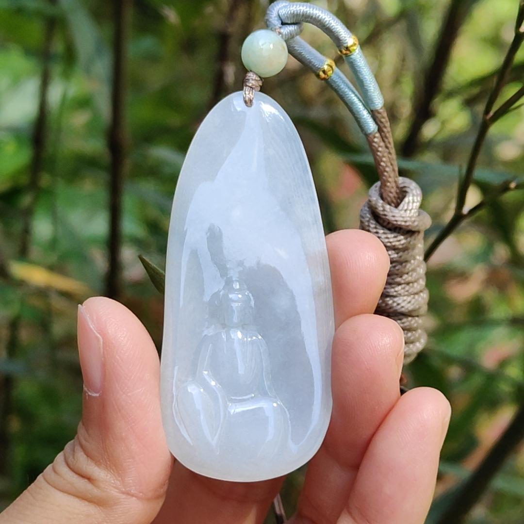 Crafted as the faceless buddha Semi Icy Natural Type A Jadeite Pendant Necklace with certificate weigh 14.03 grams, 58 * 26 * 4.9 mm, suitable for daily wear Yi Pin Qian