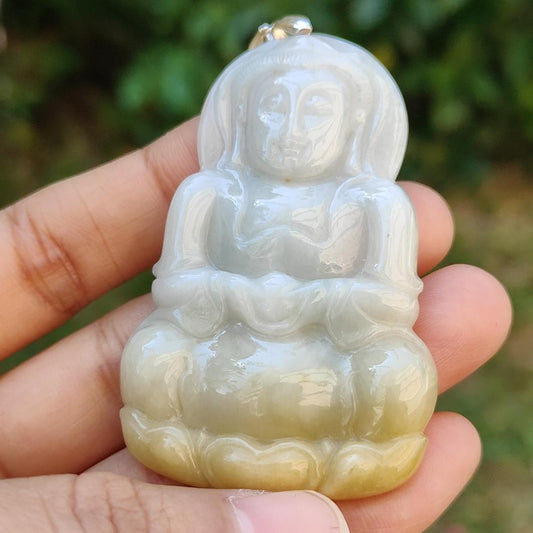 Yellow and White Guanyin Pendant Necklace Natural Type A Jadeite with certificate included weigh 25.08 grams, 59.1 * 38.6 * 7 mm, suitable for your daily wear (pendant6) Yi Pin Qian