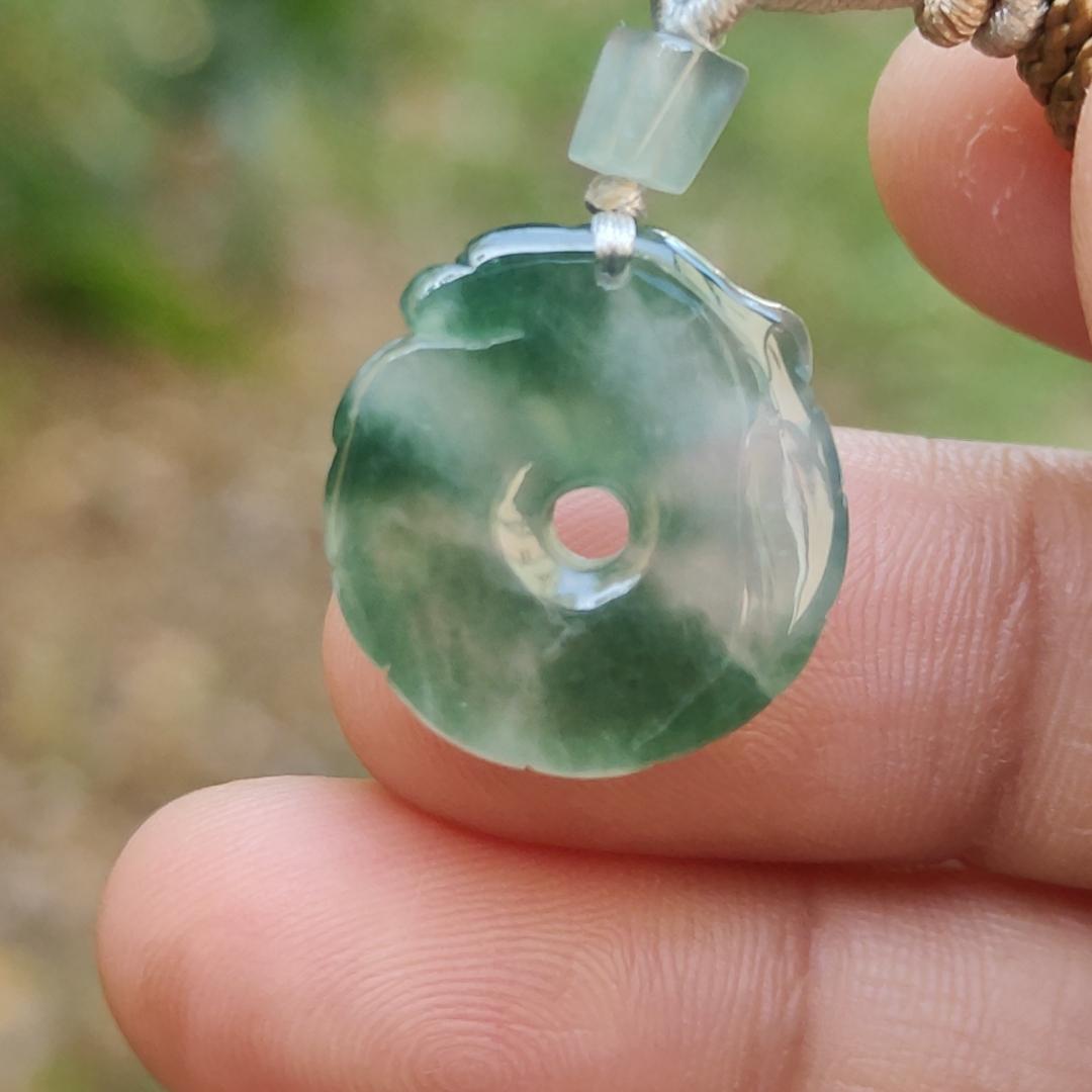 #Sold - High Quality Green with Green Patches Natural Type A Jadeite Jade crafted with shape of Donut with Baby Dragon as Pendant, QIC approved labs certificate weigh 4.11 grams, measurement 17.2 * 16.3 * 5.1 mm (pendant242)