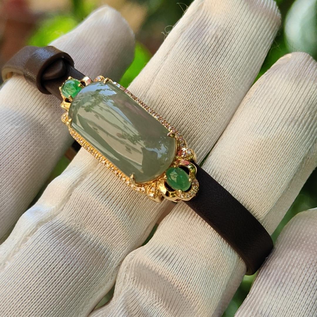High Premium Quality Natural Type A Jadeite Jade with 3 cabochons set on 18k gold with diamonds as wrist bracelet or pendant, certificate weigh 4.39 grams (18kpw4) Yi Pin Qian