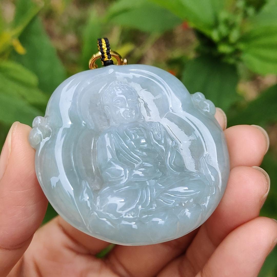 Semi Icy Bluish Green Hue Natural Type A Jadeite Pendant Crafted as Buddha with certificate included weigh 26.65 grams, 48.3 * 48.9 * 7 mm, suitable for daily wear Yi Pin Qian