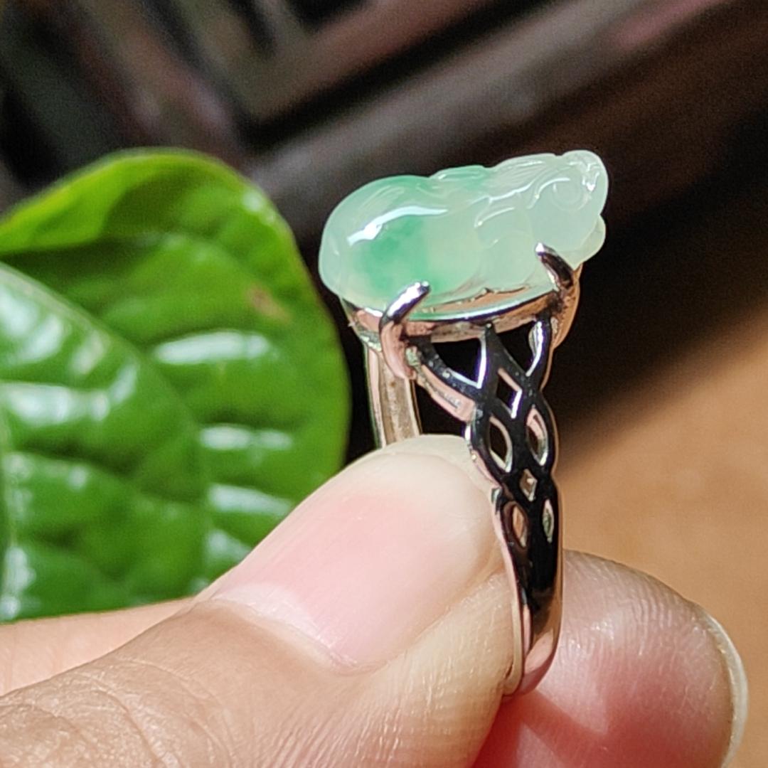 Crafted as Pixiu on Light Green Hue with Light Green Patches Natural Type A Jadeite Jade set with S925 as adjustable ring, certificate weighs 2.01 grams, measurement 11.8 * 5.5 * 3.8 mm (s925ring27) Yi Pin Qian Jadeites Jade Jewelry ~Your Precious Quintessential ~ Singapore