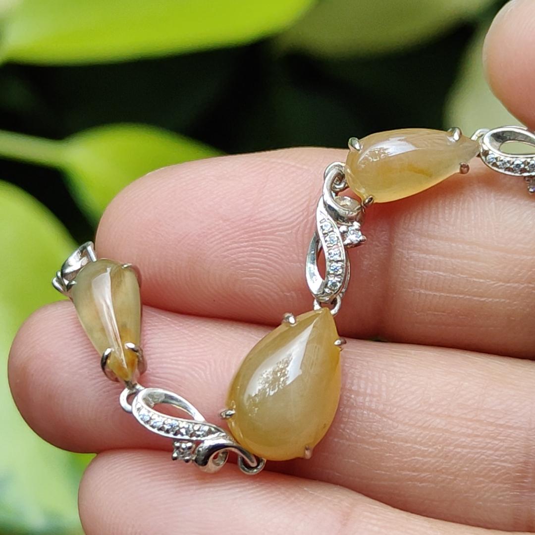 Excellent Yellow Cabochons Semi to Icy Translucent Quality Natural Type A Jadeite Jade as Bracelet set on S925, certificate weighs 3.95 grams, measurement see descriptions(s925b2) Yi Pin Qian