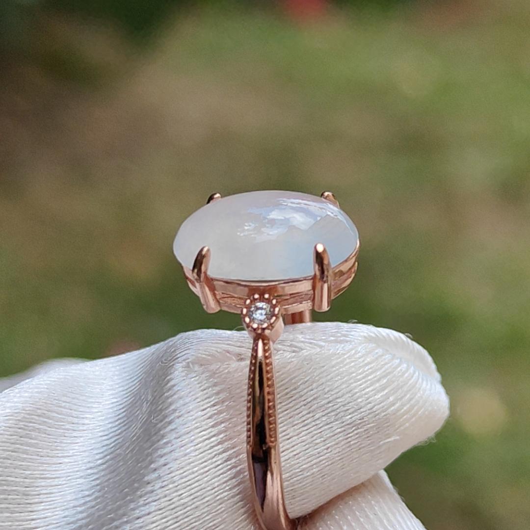 Quality Icy Natural Type A Jadeite Jade crafted with shape of oval as cabochon set on S925 adjustable as Ring, BIC labs approved certificate weighs 2.18 grams, measurement 11.3 * 7.3 * 3.6mm (s925ring13) Yi Pin Qian