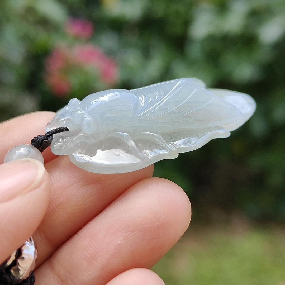 Crafted as cicada using Natural Type A Jadeite Jade as a Pendant Necklace with certificate weigh 9.25 grams, measurement 40.3 * 23.2 * 9.5 mm (pendant185) Yi Pin Qian