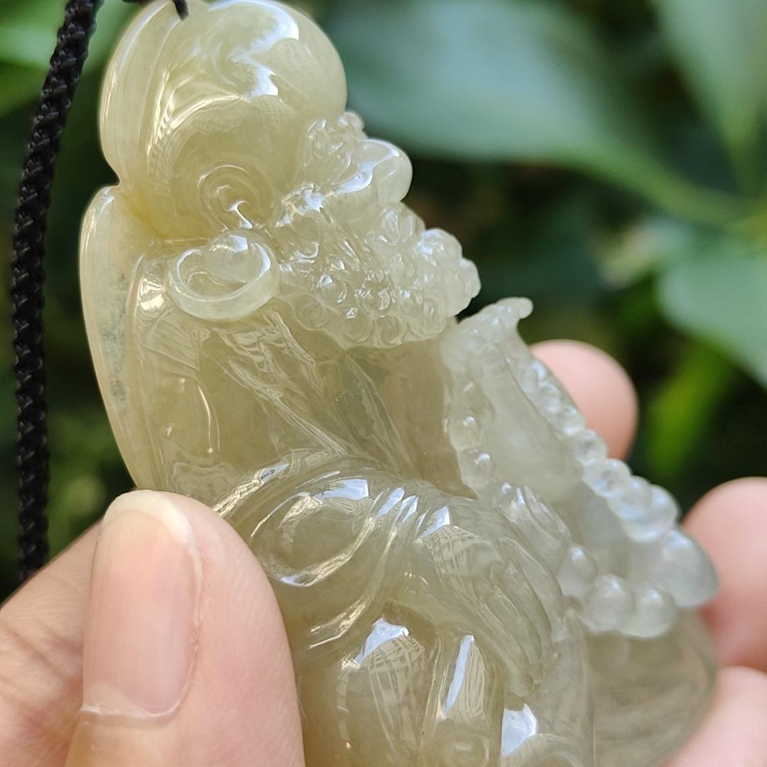 Collector doesn't want to Miss!!! - Super Rare High Premium Icy Yellow with Green patches Bodhidharma Pendant / Display Natural Type A Jadeite Jade certificate weighs 73.89 grams, measurement 61 * 43.6 * 18.5 (pendantdis386) Yi Pin Qian Jadeites Jade Jewelry ~Your Precious Quintessential ~ Singapore