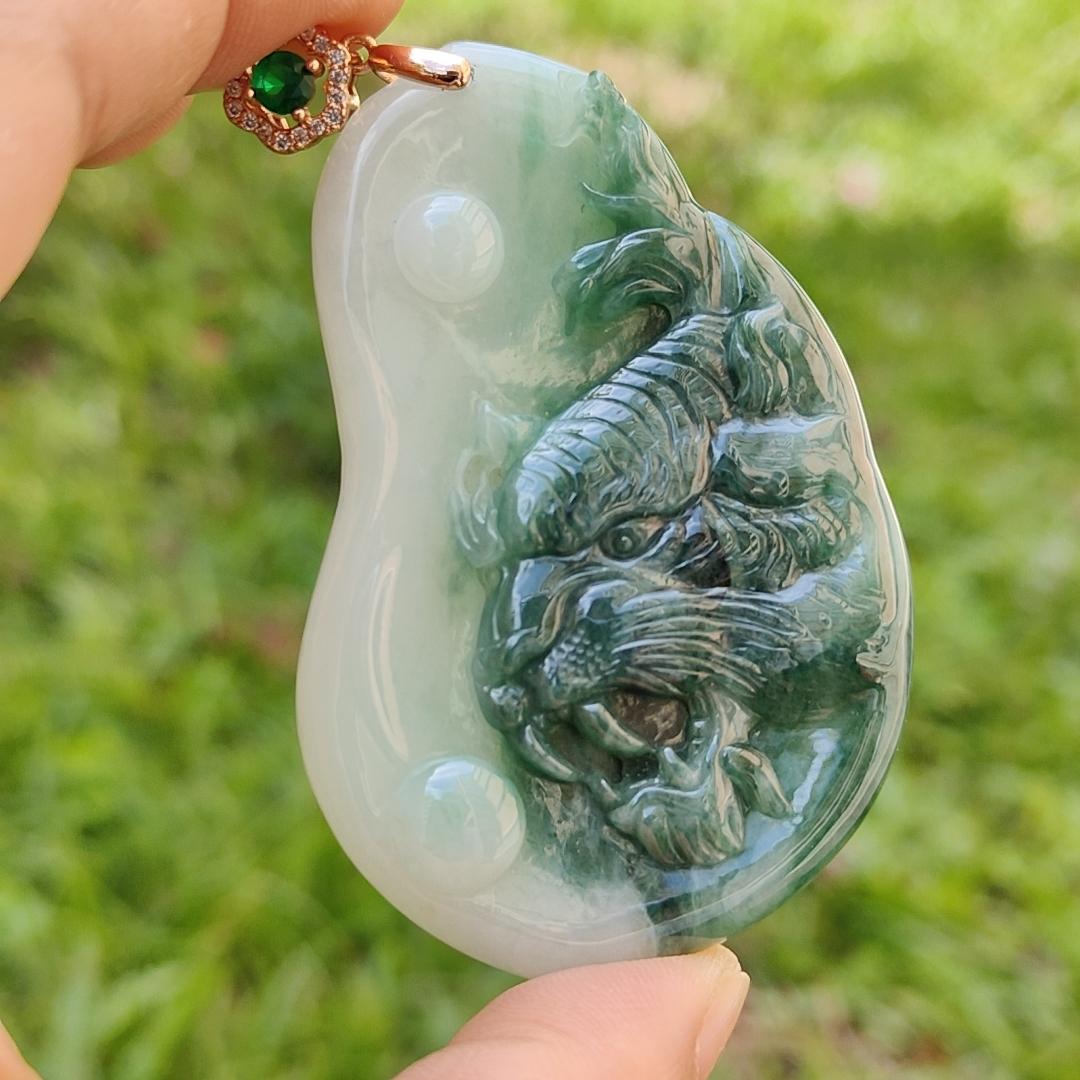 Very Rare Green Tiger Natural Type A Jadeite Pendant with certificate weight 32.24 grams, 62.70 * 41 * 7.60 mm, excellent for the tiger's lover collection for your daily wear (pendant113) Yi Pin Qian