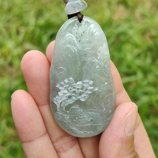 Premium Full Light Green with Good Translucency Natural Type A Jadeite Pendant Necklace crafted with Moutain, Trees, Houses, Bride and Running Water with certificate weigh 28.09 grams, 54 * 29.8 * 9.8 mm (pendant36) Yi Pin Qian